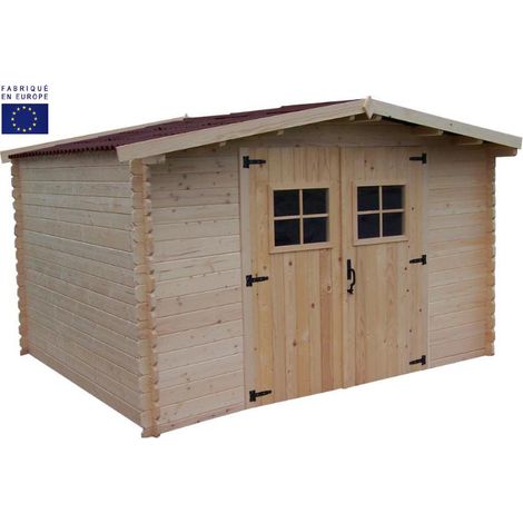 Habrita – Abri de jardin en épicéa massif 28 mm – 9,58 m² – Toit en plaques ondulées bitumées rouges – Porte double avec lucarne – Garantie 4 ans