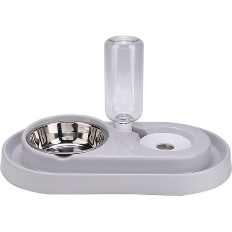 Gamelle Double Pour Chien - Fontaine Eau Automatique - Acier Inoxydable Et Pp - Anti-Renversement - Gris (1/5)