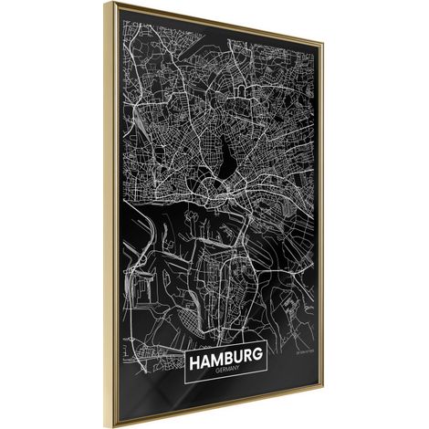 Affiche Murale Encadrée "City Map Hamburg Dark" 30 x 42 cm Or