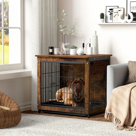 BingoPaw Rustic Brown Wooden Dog Cage Cat Pet Crate House End Table Dog Kennel Dual Door, Small 63x51x59cm (1/5)
