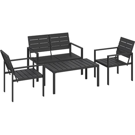 Salon de jardin 4 places avec canapé 2 places, 2 fauteuils et table basse 95,3 x 50,5 cm, mobilier de terrasse en métal et HDPE noir pour balcon CHICFURN (1/5)