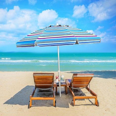 Costway – Parasol déporté 2,2m inclinable 30° avec porte-gobelet – Fixation pour sable – Protection UPF50+ – Portable extérieur bleu (1/5)