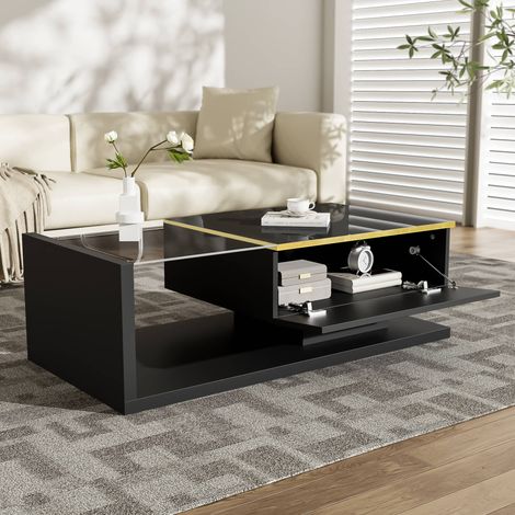 Table basse LED 100 x 50 x 32,5 cm, 1 porte abattante et plateau verre trempé, éclairage 16 couleurs, salon, noir brillant (1/5)