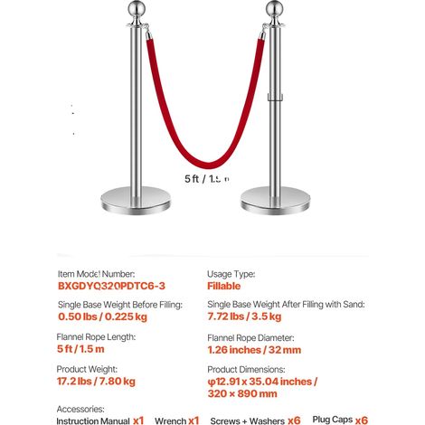 Pali per il controllo della folla, base riempibile, corde in velluto resistenti, confezione da 6, argento, 3 corde (1/2)