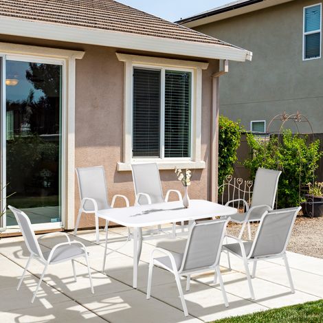 Juego de Mesa y 6 Sillas para Terraza con Orificio para Sombrilla y Encimera de Cristal para Terraza Patio Gris (1/5)