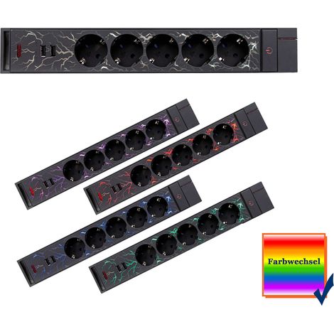 Gamer Mehrfachsteckdose 5fach mit Farbwechsel 1,4Meter, 2xUSB (1/5)
