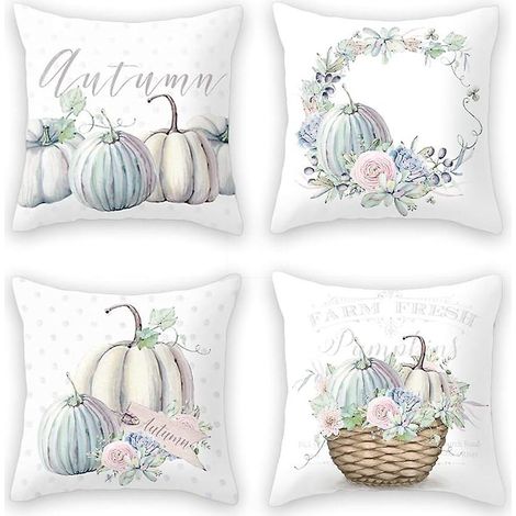 Ensemble de 4 housses de coussin décoratives d'automne à motif citrouille - Taies d'oreiller résistantes en coton et lin pour la décoration intérieure (1/5)