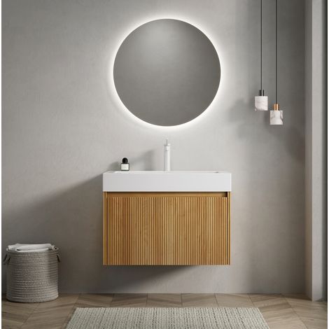 Wand-Waschtisch 70x46x50 cm, mit integriertem weißem Resinausguss, LED-Schublade, Mehrschichtholz, Naturholz Weiß (1/5)