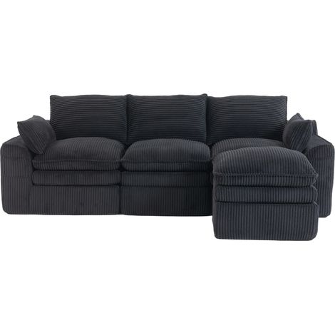 Sofá modular de 3 plazas de pana negra con puf, cojines y bolsillos laterales HOMVRA (1/5)