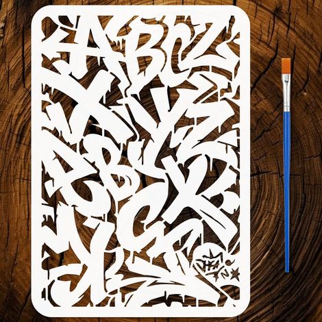 Pochoir de Peinture Lettres Doodle avec Pinceau 21x29,7cm Gabarit de Dessin Alphabet Graffiti A4 Réutilisable Pochoir de Motif de Lettres Gabarit de Thème Graffiti pour Peinture sur Bois (1/5)
