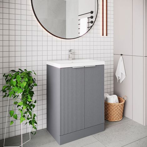 Hudson Reed Fluted Satin Grey 600mm 2 Door Vanity Unit and Mid Edge Ceramic Basin - DFF225A (1/5)