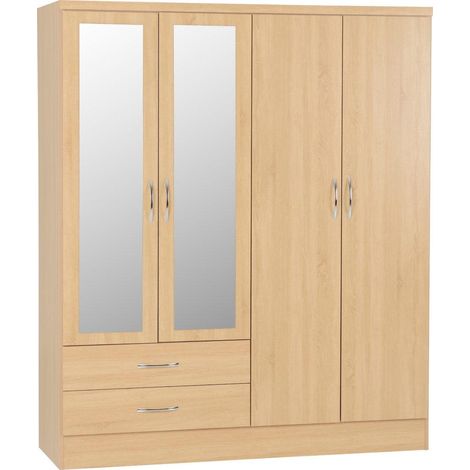 Nevada 4 Door 2 Drawer Mirrored Wardrobe - L52 x W154 x H182.5 cm - Sonoma Oak Effect
