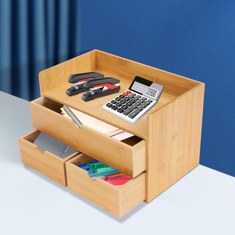 Schreibtisch Organizer, Bambus Schreibtischbox, Nachhaltiger Büroorganizer mit Schubladen Mini Bamboo Schreibtischbutler für Büro Home Toiletries Supplies Keine Montage Erforderlich (3 Schubladen) (1/5)