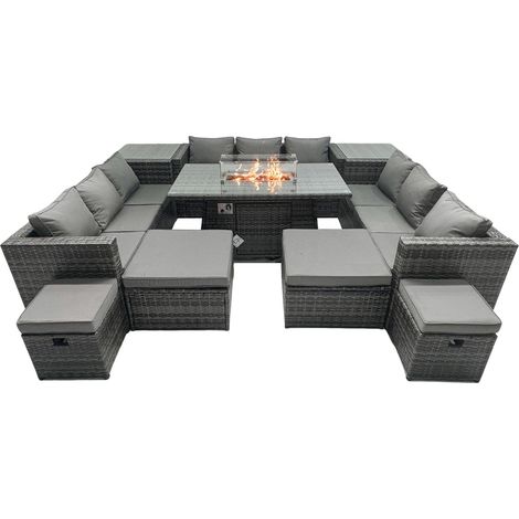 Fimous Rattan Gartenmöbel Set 13-Sitzer Garten Sofa Gas Feuertisch Set mit 4 Hockern 2 Beistelltischen (1/5)