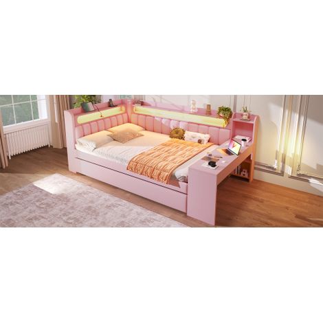 Gepolstertes  Tagesbett mit USB-Anschlüssen und LED-Gürtel, mit Ausziehbett und Schreibtisch