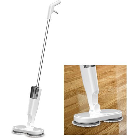 Fregona eléctrica ligera, inalámbrica y recargable con función de pulverización para suelos de madera, baldosas y mármol blanco – ABS y metal – 112,2 cm con 4 paños (1/5)