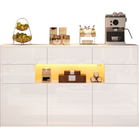 Buffet de salon 140 x 30 x 82 cm blanc avec 3 tiroirs, 5 rangements, niche semi-ouverte et éclairage LED contrôlé par application, façade brillante  CHICFURN (1/5)