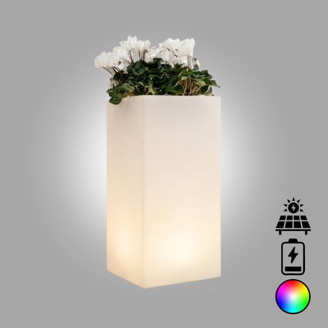 Jarrón alto, y de diseño, de 40x40 cm H80 cm, en polímero con LED multicolores, alimentado por pilas y energía solar, para interiores y exteriores