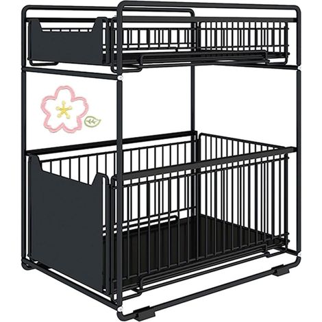 Rangements sous Evier 2 Niveaux Organisateur Coulissant avec 2 Tiroirs, Panier Coulissan pour Cuisine, Garde-Manger, Chambre, Porte-épices-37,4  26,5  44 cm-Noir (1 pièce)