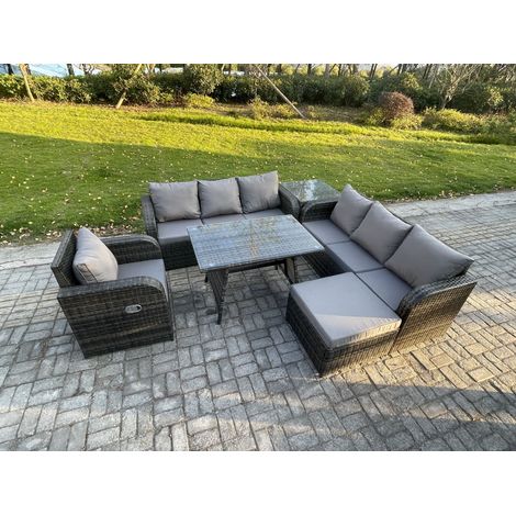 Fimous Garten Sofa im Freien Set Polyrattan Gartenmöbel Set mit Rechteckiger Esstisch Liegestühle 2 Großer Hockern Beistelltisch Dunkelgrau Gemischt (1/5)