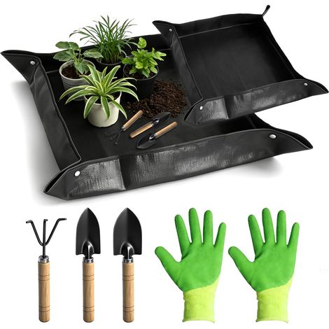 Tapis de Rempotage de Plantes 2 Pcs 100x100cm et 66x66cm avec des Outils, Tapis de Jardinage Imperméable Transplantation Pliable, Noir pour Repiquage,Rempotage,Succulentes (1/5)
