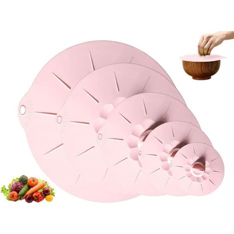 Lot de 5 couvercles réutilisables en silicone de qualité alimentaire pour bols, casseroles, assiettes, tasses et canettes (rose) (1/5)