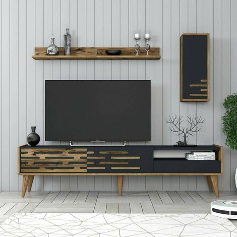 Dmora - Mueble de televisión Dbrunozz, Aparador de salón, Mueble bajo para TV, Base de pared equipada, 180x45h35 cm, Antracita y Nogal (1/5)