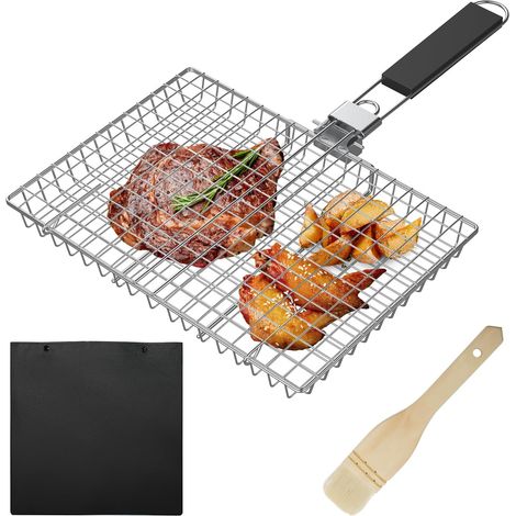 Panier à poisson pour rôtir, grand panier à griller pour barbecue, grille à poisson avec poignée amovible, pinceau à badigeonner et sac de rangement (1/5)