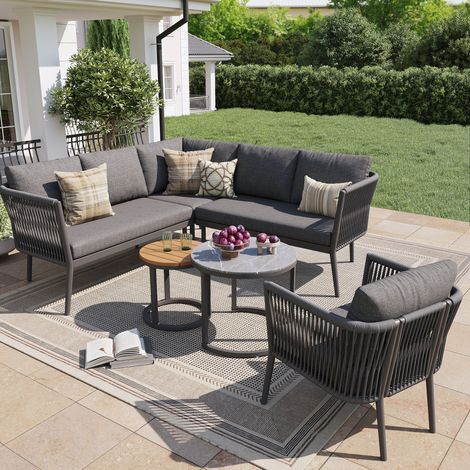 Conjunto de muebles de salón de 6 piezas, modular, gris, para terraza y balcón, con 2 mesas (1/5)