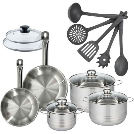 Batterie de cuisine avec 3 faitouts 16/20/24 cm et 2 poêles 20/24 cm avec 7 ustensiles de cuisine Fackelmann Etherna Brillant Clip avec couvercles (1/2)