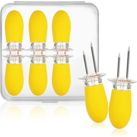 8x Fourchette à maïs, Acier inoxydable, Poignée silicone, Réutilisable, Barbecue camping