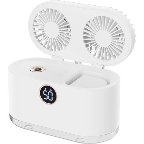 Piccolo ventilatore umidificatore 2 in 1 – Ricaricabile tramite USB – Vento potente – Doppie pale – Ufficio/Camera da letto – Bianco