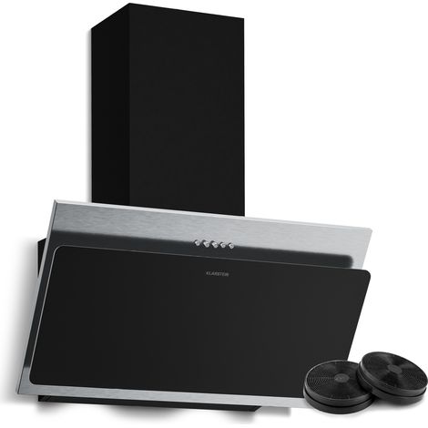 Klarstein Alessia Hotte Aspirante 60 cm - Hotte Décorative Inclinée, 404 m³/h, LED, A+++, 3 Vitesses & Boost, Filtre Charbon, Inox & Verre Noir, Recyclage ou Évacuation, Hotte Cuisine