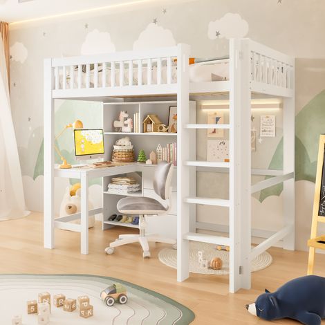 Letto a soppalco 90x200 cm bianco in pino e MDF con scrivania, 3 cassetti e ripiani (1/5)