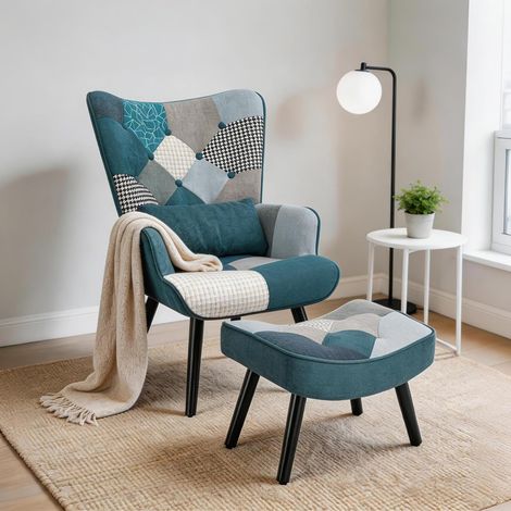 Ohrensessel mit Hocker, Patchwork Relaxsessel, Loungesessel Wohnzimmer aus Leinen mit Massivholzfüßen – Blau (1/5)