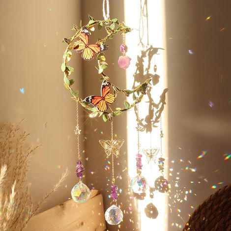 Sonnenfänger aus Kristallfenster, grüne Blätter um den Mond gewickelt, violette Kristall-Anhänger-Dekoration, Schmetterlings-Fensterdekoration, zum Aufhängen, Kristall-Sonnenfänger, Regenbogen-Sonnenf (1/5)