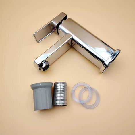 Moderner, quadratischer Waschtischhahn aus massivem Messing, Wasserfall-Effekt, verchromter Einhebelmischer für Badezimmer, Warm- und Kaltwasser, 1 Stück (1/4)