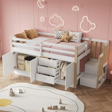 Lit mezzanine enfant 90x200 cm avec sommier inclus, sans matelas, lit haut multifonction avec escalier, tiroirs, 2 armoires de rangement et penderie, blanc (1/5)