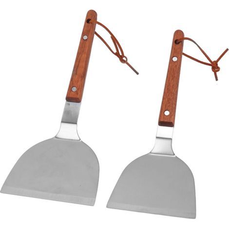 Spatule plate pour barbecue, en acier inoxydable, avec poignée ergonomique en bois. Résistante à la chaleur, facile à nettoyer et durable. Spatule plate idéale pour les barbecues, disponible en petite (1/5)
