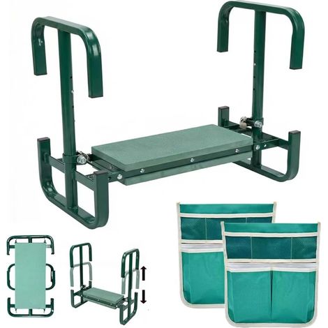 Tabouret de jardin pliable - Hauteur réglable - 60 x 52 x 27 cm - Repose-genoux avec aide au lever - Sac à outils - Tapis en mousse EVA - Pour jardinage, pêche, camping (1/5)