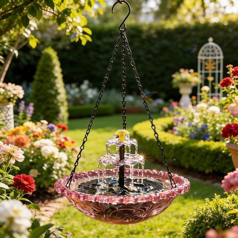Abreuvoir suspendu pour oiseaux avec cascade de fontaine solaire, abreuvoir suspendu pour colibris avec pompe solaire, eau suspendue, attire les colibris et les oiseaux sauvages - Décoration de jardin (1/5)