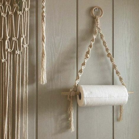 Porte-rouleau de papier toilette Boho - Décoration vintage - En bois - Avec corde de chanvre, perles et bâtons en bois - Sans perçage, (1/3)