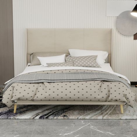 Lit 160x200cm - Lit Double Rembourré 160x200 - Tête de Lit Moelleuse en Velours Hollandais - Structure Stable et Moderne - Beige (1/5)