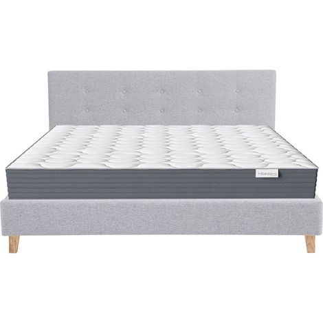 Ensemble Lit adulte 160x200cm avec tête de lit en tissu gris chiné - Milo + Matelas mémoire de forme - Memo HR (1/5)