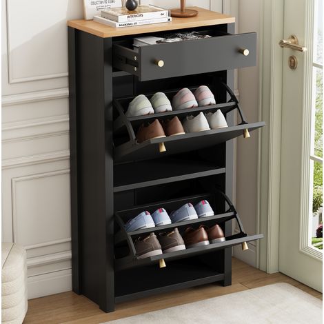 Mueble zapatero 2 abatibles, 50x25x95 cm, con cajón y estantes ajustables, en MDF, negro y madera (1/5)