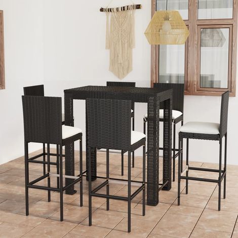 Set 1 Table de bar + 6 chaises de bar/Tabourets,Ensemble de bar de jardin et coussins Résine tressée Noir -BV31336 (1/5)
