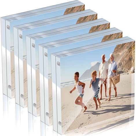 Lot de 5 cadres photo en acrylique transparent double face - Cadre photo horizontal et magnétique pour bureau - 10 x 10 cm (1/5)