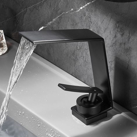 Robinet de lavabo cascade, adapté aux lavabos encastrés, à la pose sur comptoir, bec haut, finition nickel brossé, cartouche céramique, pour meubles de salle de bain (noir) - Alovez (1/5)