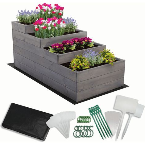MODO24 Carré potager surélevé en bois, 4 niveaux en cascade, 54x60x120 cm, jardin/terrasse, kit jardinier inclus, gris imprégné