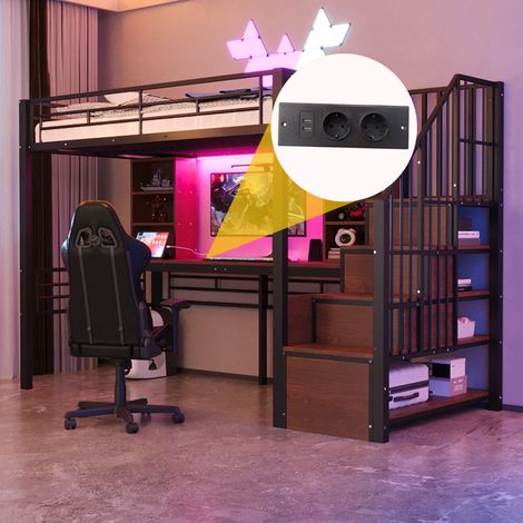 Lit mezzanine 90x200 cm, bureau, étagère, LED, prise, escalier rangement, barrière sécurité, cadre fer, noir, lit simple (sans Matelas) (1/5)
